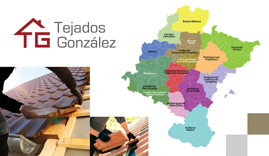 Mapa de Navarra con zonas de actuación destacadas de Tejados González.
